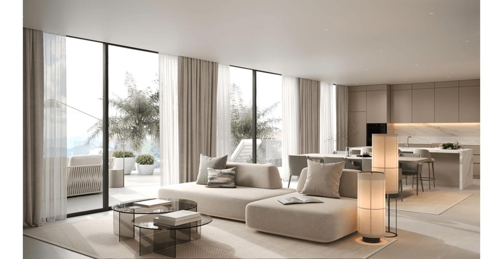 Lichte woonkamer in Sunway Residence met open keuken en groot terras.
