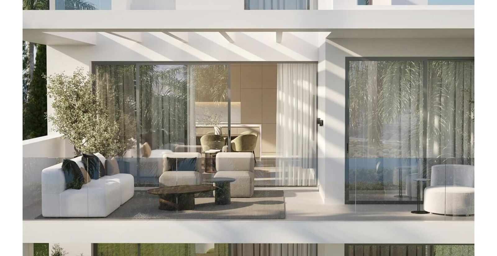 Stijlvolle buitenruimte van Sunway Residence met comfortabele meubels en een open design.