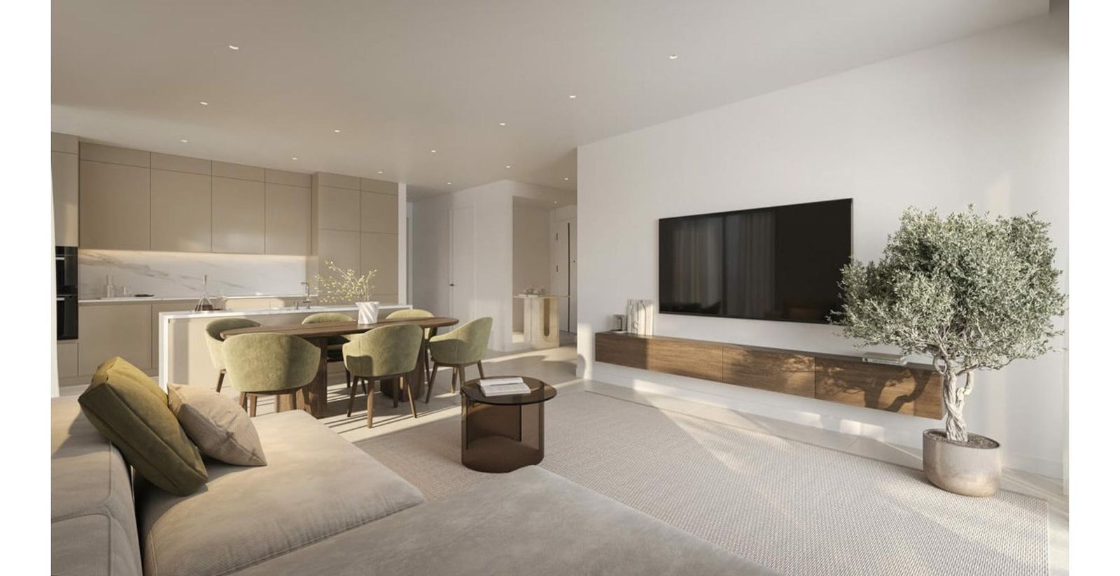 Interieur van Sunway Residence met woonkamer, eetkamer en keuken.